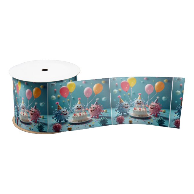 Cartoon Germs Celebrating a Birthday Satin Ribbon (Spool)