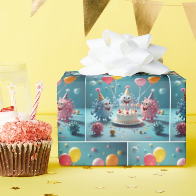 Cartoon Germs Celebrating a Birthday Wrapping Paper (Birthday Party)