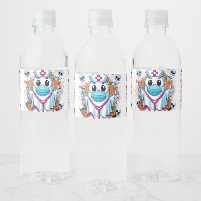 Cartoon Ghost Nurse with Syringes: Vibrant Hallowe Water Bottle Label (Bottles)