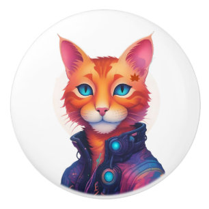 Cartoon Ginger Cyberpunk Cat, Ceramic Knob