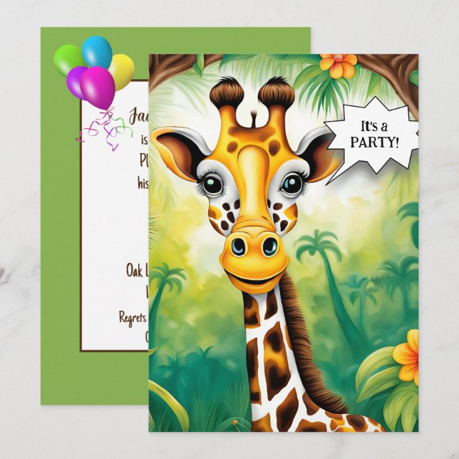 Cartoon Giraffe Birthday Party Invitation (Front/Back)