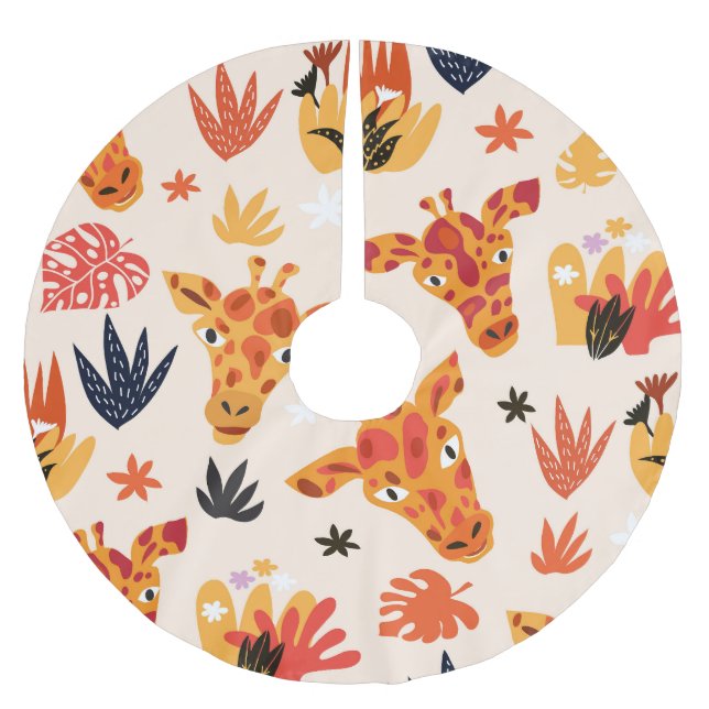 Cartoon Giraffe: Floral Savanna Pattern Brushed Polyester Tree Skirt (Front)