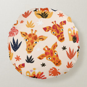 Cartoon Giraffe: Floral Savanna Pattern Round Pillow