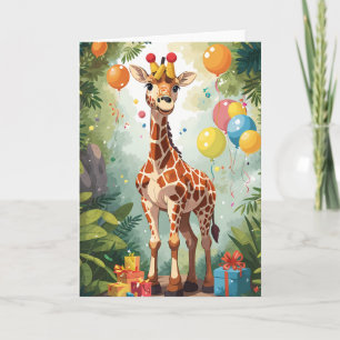 Cartoon Giraffe with Balloons & Presents   Card