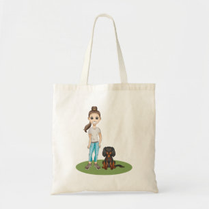 Cartoon Girl & Black And Tan Cavalier Spaniel Dog Tote Bag