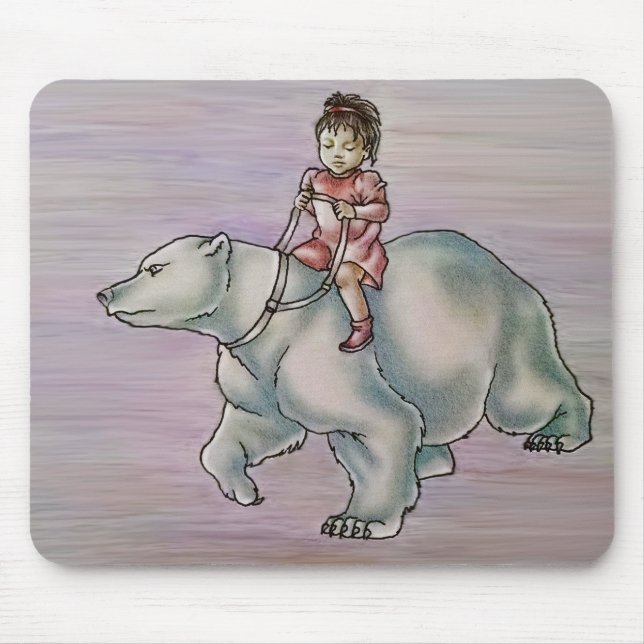 Cartoon Girl Child Riding Polar Bear Drawing Mouse Pad (Front)