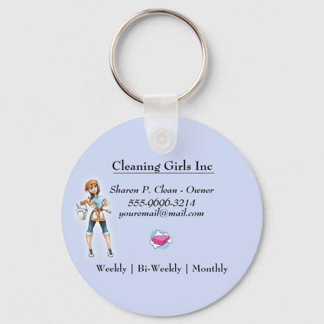 Cartoon Girl Cleaning Service Keychain (Front)