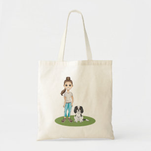 Cartoon Girl & Cute Tricolor Cavalier Spaniel Dog Tote Bag