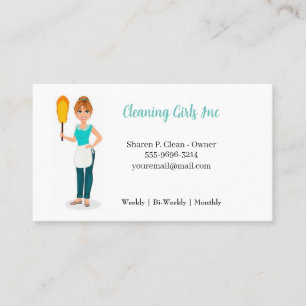 Cartoon Girl House Cleaning Service Business Card