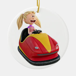 Cartoon Girl n a Bumper Car Ceramic Ornament