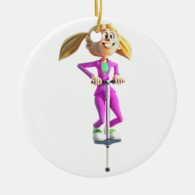 Cartoon Girl on a Pogo Stick Ceramic Ornament (Front)