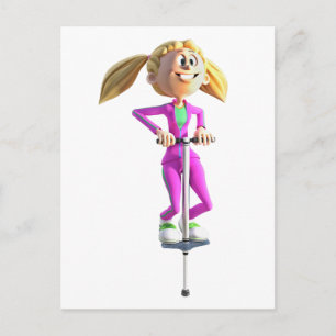 Cartoon Girl on a Pogo Stick Postcard