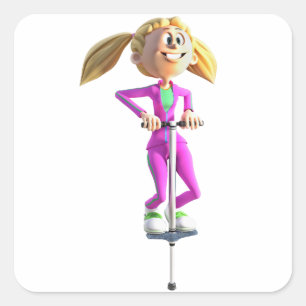 Cartoon Girl on a Pogo Stick Square Sticker