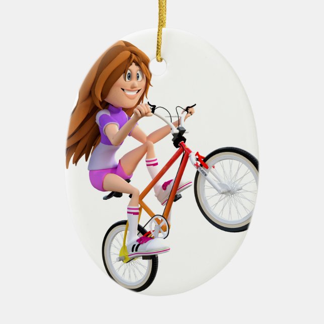 Cartoon Girl on Bike Doing A Wheelie Ceramic Ornament (Front)