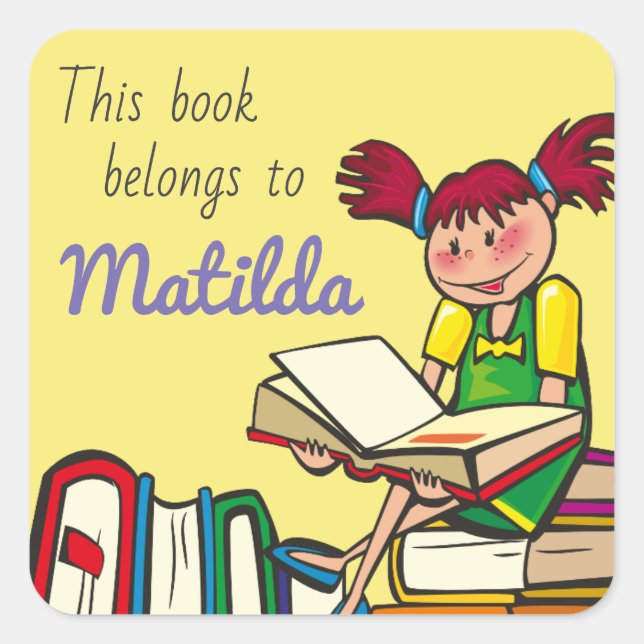 Cartoon Girl Reading Book Belong's to Personalised Square Sticker (Front)