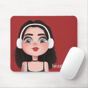 Cartoon Girl with Headphones on Red Mouse Pad