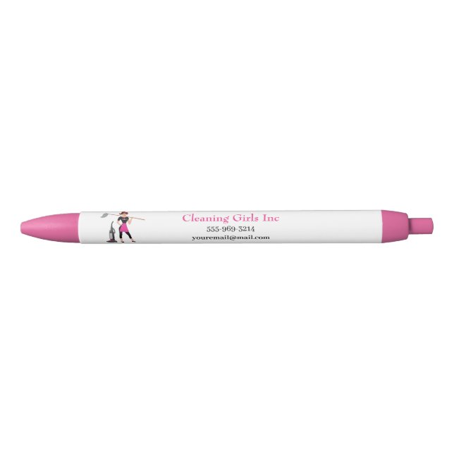 Cartoon Girl With Mop Cleaning Service Blue Ink Pen (Front)