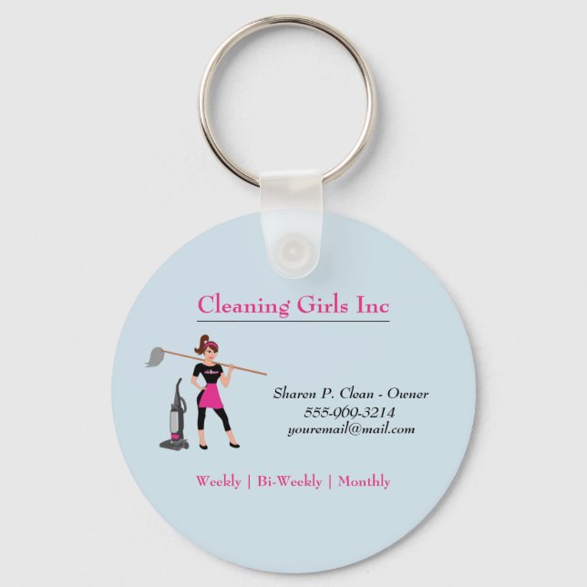 Cartoon Girl with Mop House Cleaning Service Keychain (Front)