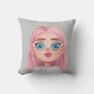 Cartoon Girl with Pink Hair Throw Pillow