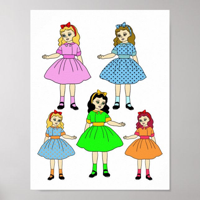Cartoon Girls Paper dolls art collage sheet Poster (Front)