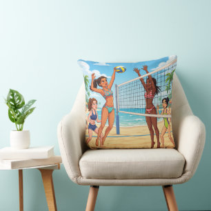 Cartoon Girls Playing Beach Volleyball Throw Pillow