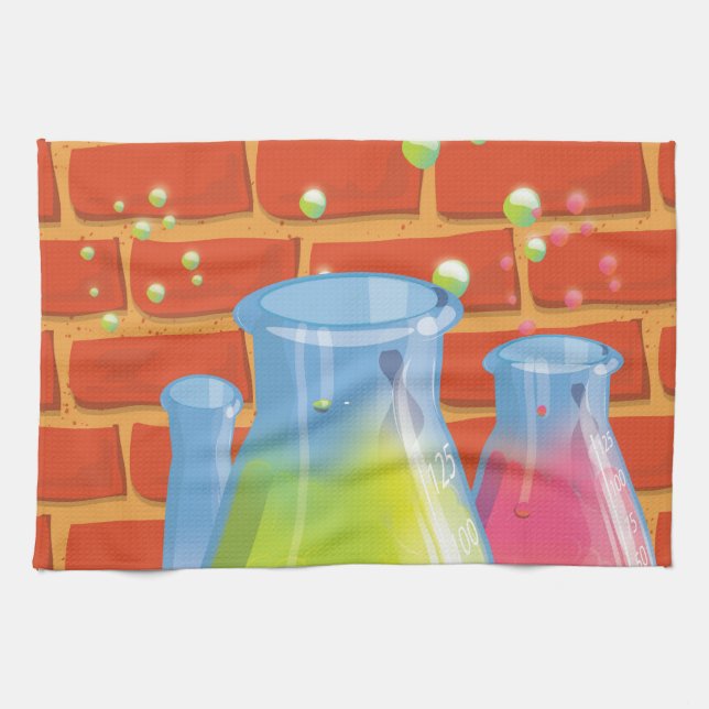 Cartoon Glass Science equipment on a bench Kitchen Towel (Horizontal)