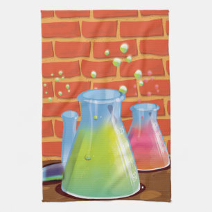 Cartoon Glass Science equipment on a bench Kitchen Towel