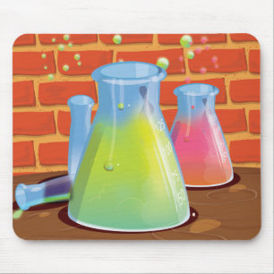 Cartoon Glass Science equipment on a bench Mouse Pad