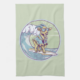 Cartoon goat on a surfboard kitchen towel