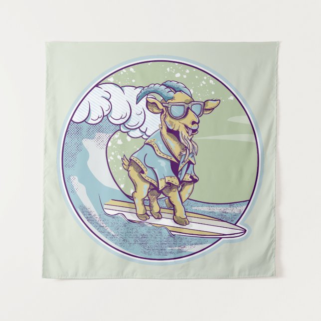 Cartoon goat on a surfboard tapestry (Front)