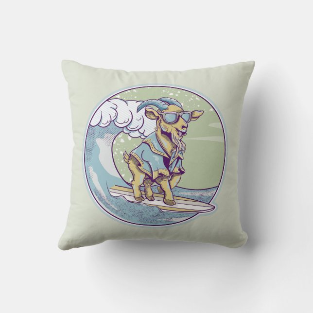 Cartoon goat on a surfboard throw pillow (Back)