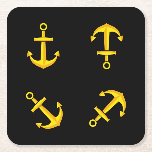 Cartoon Golden Boat Anchor Set Square Paper Coaster (Front)