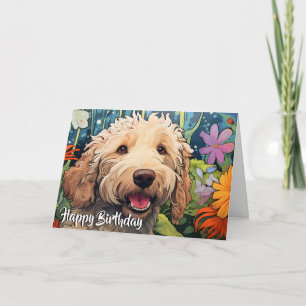 Cartoon Goldendoodle in a Garden Custom  Card