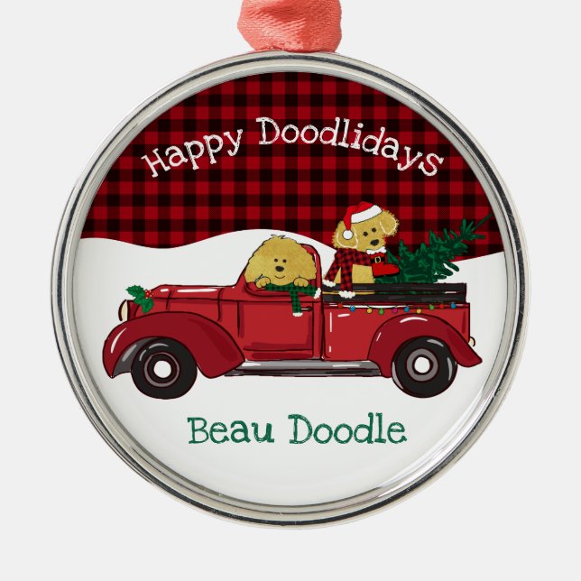 Cartoon Goldendoodles Red Christmas Truck Metal Ornament (Front)