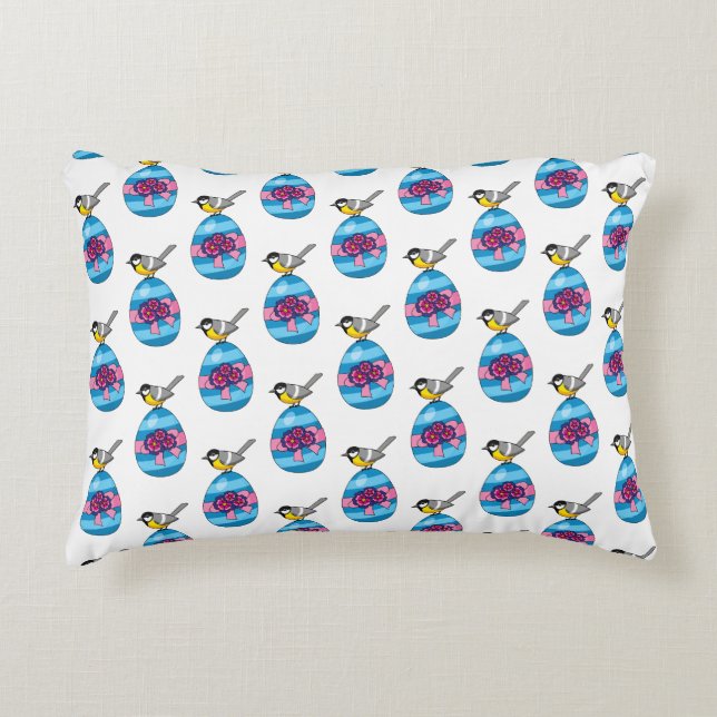 Cartoon Great Tit with Easter Egg Accent Pillow (Front)