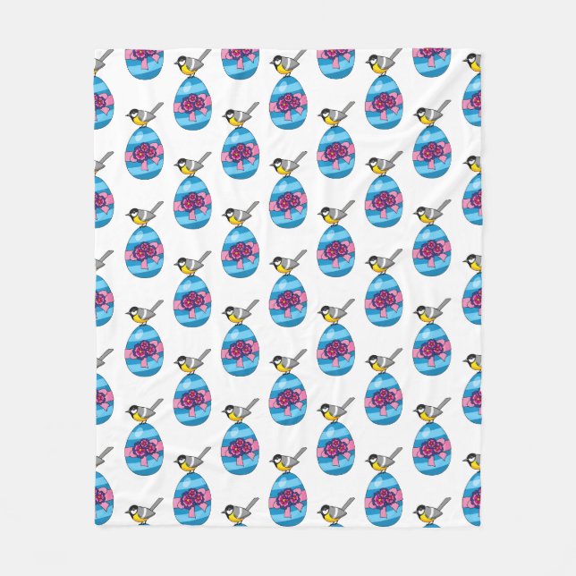 Cartoon Great Tit with Easter Egg Fleece Blanket (Front)
