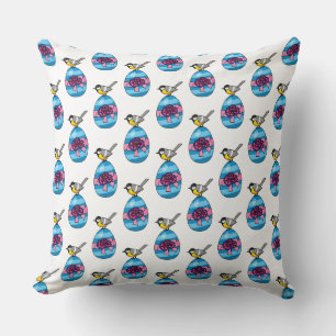 Cartoon Great Tit with Easter Egg Throw Pillow