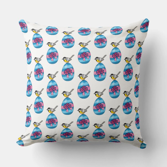 Cartoon Great Tit with Easter Egg Throw Pillow (Front)