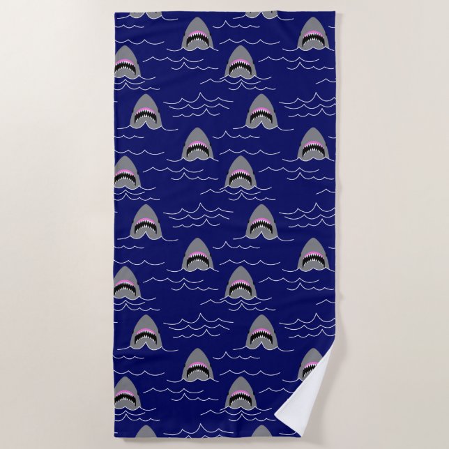 Cartoon Great White Shark Ocean Waves Surfer Beach Towel (Front)