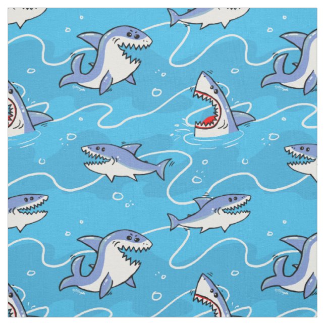 Cartoon Great White Sharks Fabric (Swatch)