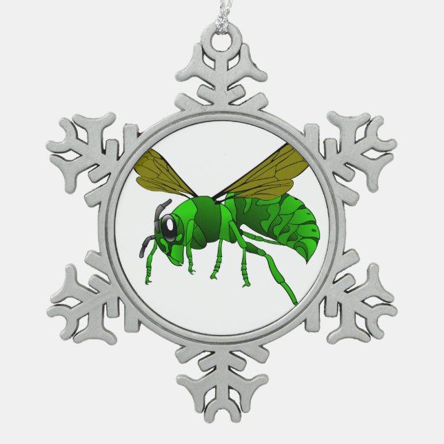 Cartoon green and lime hornet wasp bee snowflake pewter christmas ornament (Front)