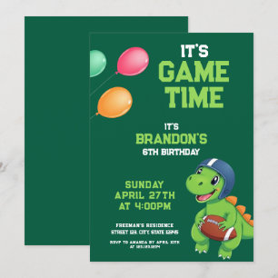 Cartoon Green Dinosaur Football Kids Birthday Invitation