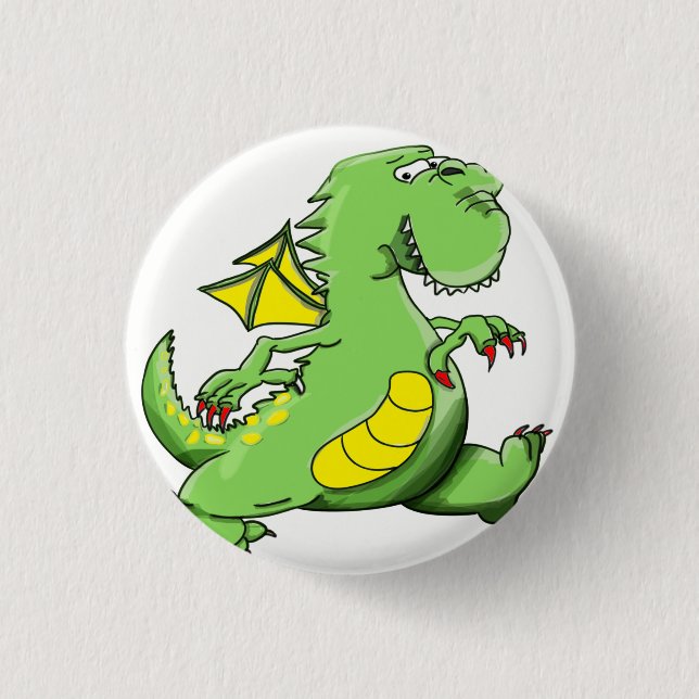 Cartoon green dragon walking on his back feet 1 inch round button (Front)