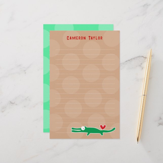 Cartoon Green Gator Kids Children Dots Thank You Stationery (Front/Back In Situ)