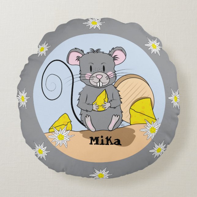 Cartoon grey mouse personalized kid round pillow (Front)
