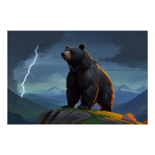 Cartoon Grizzly Bear & Lightning Poster
