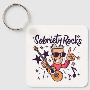 Cartoon Guitar Sobriety Rocks Custom Sober Date Keychain