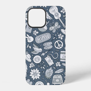 Cartoon hand drawn hippie doodles seamless pattern iPhone 12 case