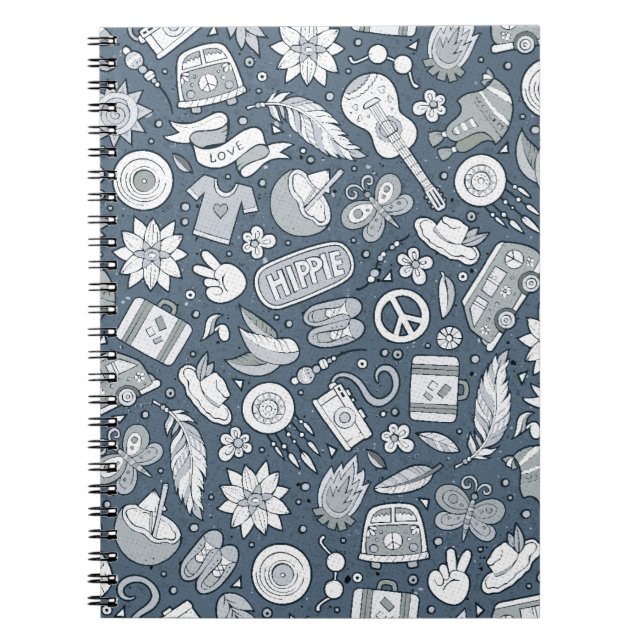 Cartoon hand drawn hippie doodles seamless pattern notebook (Front)