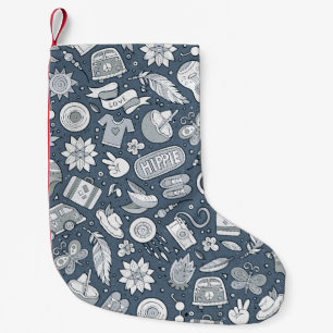 Cartoon hand drawn hippie doodles seamless pattern small christmas stocking